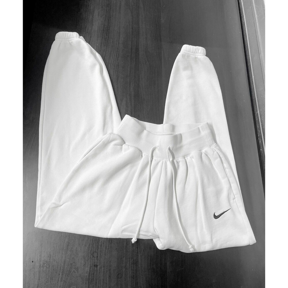 Nike Women’s XS White Fleece Jogger Sweatpants Black Swoosh High Waist